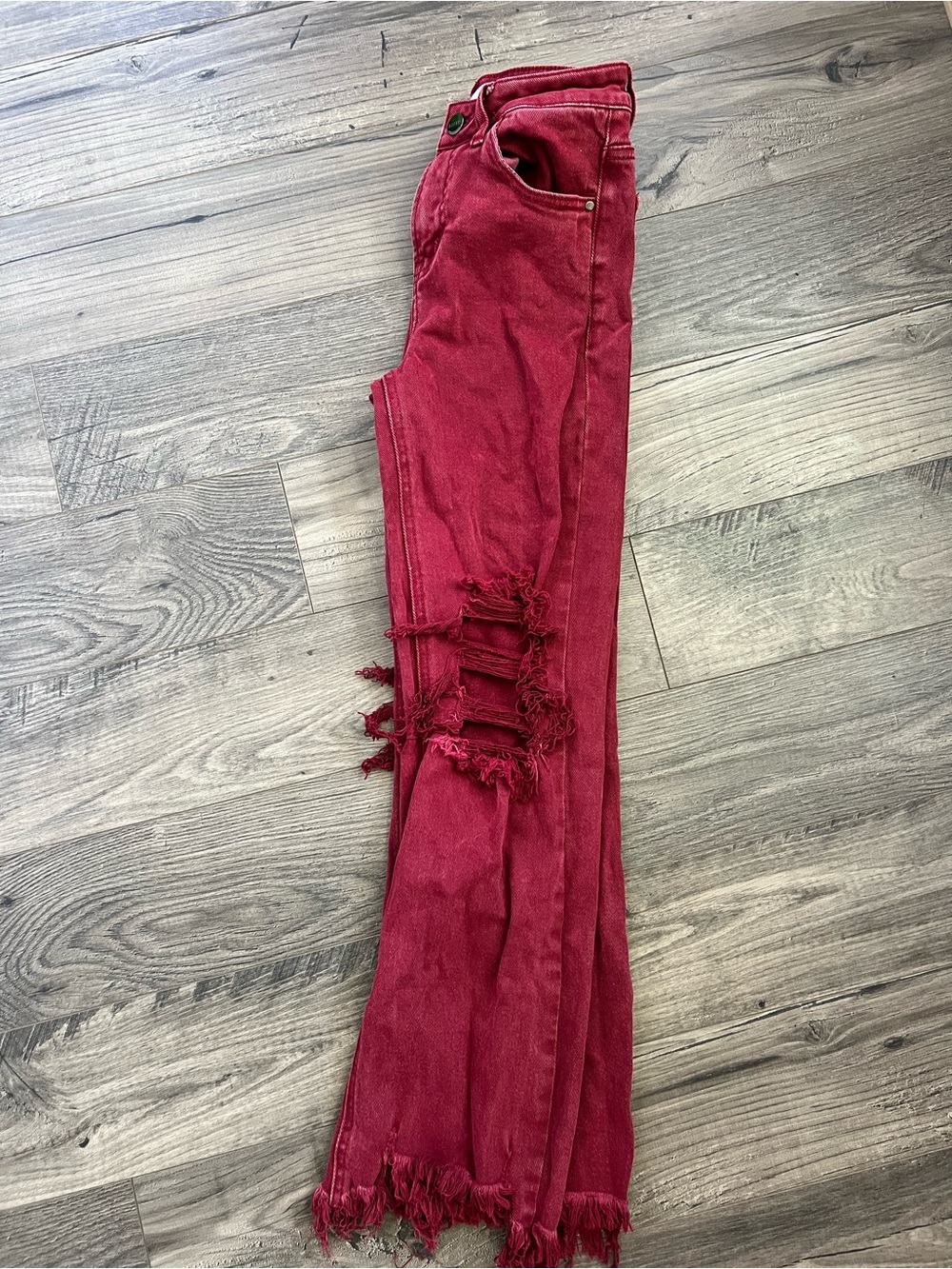Risen  Red Distressed Wide-Leg Jeans with Frayed Hem